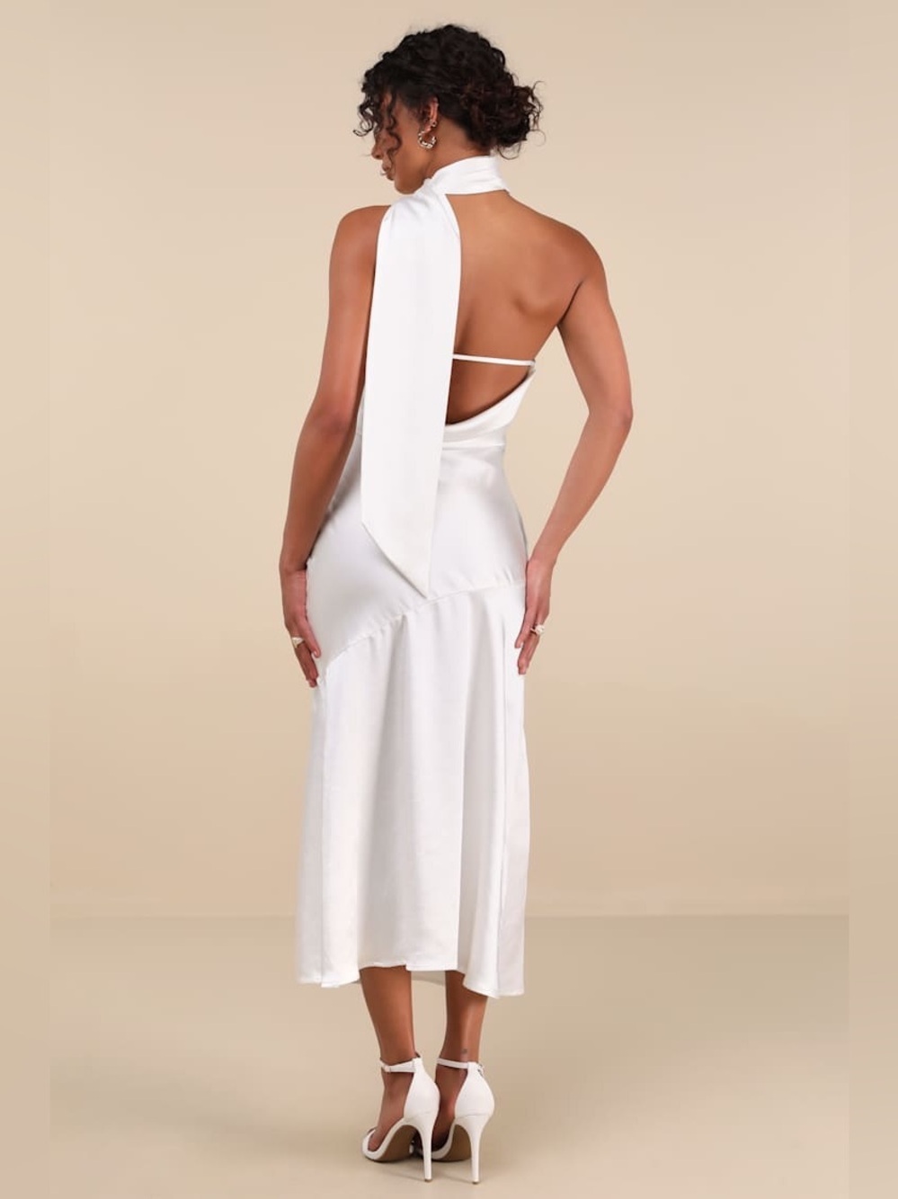 LULU'S Reglan White Satin One-Shoulder Sash Midi Dress - Picture 4 of 6